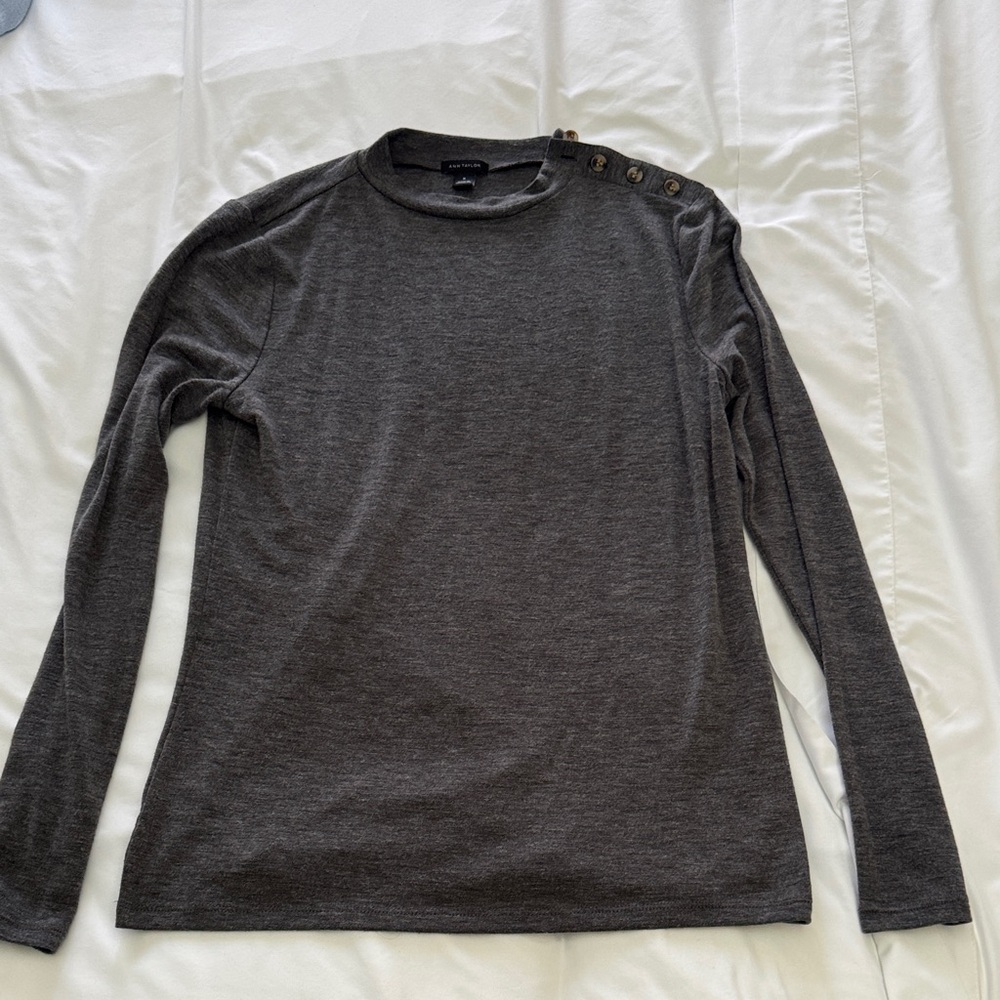 Ann Taylor Charcoal Button-Shoulder Long Sleeve Top